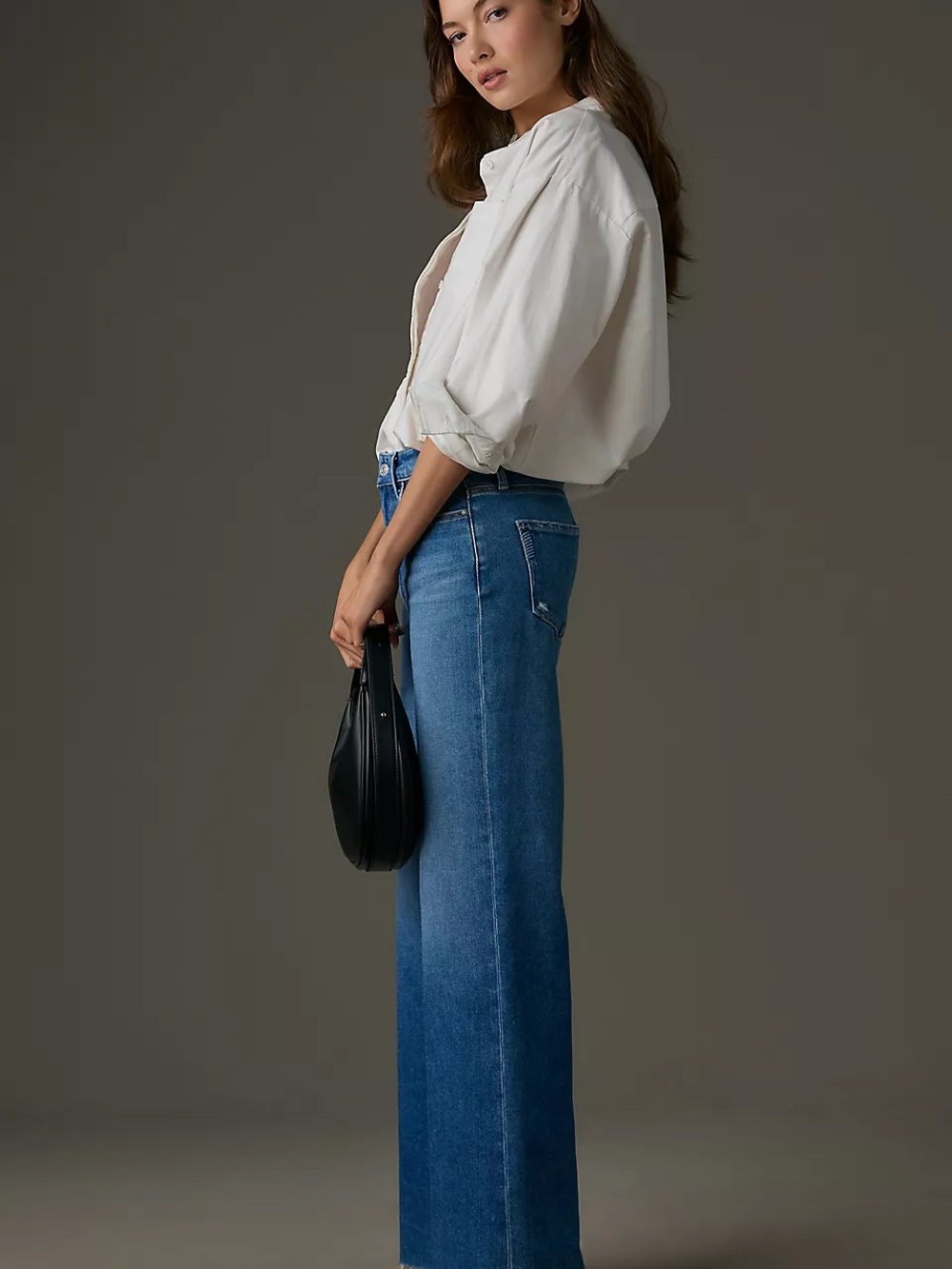 PAIGE Anessa 31” long Wide-Leg High-Rise Jeans in Medium Blue Raw Fray Hem - Picture 3 of 10